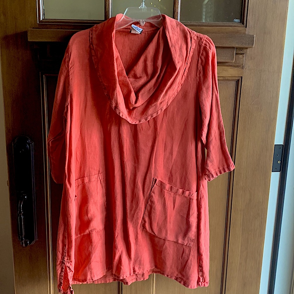 Cow neck 3/4 sleeve Linen Top is a Burnt Orange color